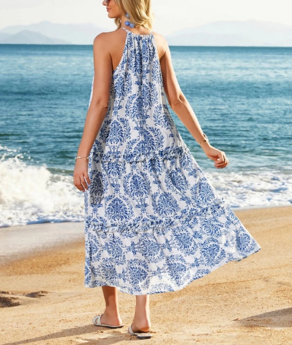 🌸Women's Boho Casual Summer Floral Halter Tiered Beach Dress👗