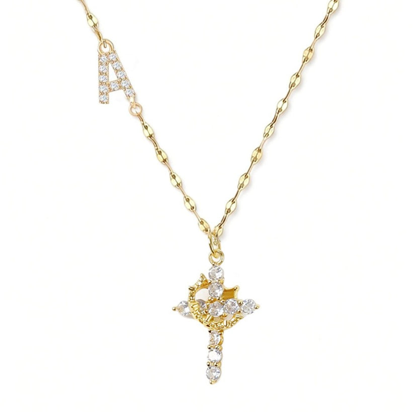 Initial Crown Cross Faith Necklace