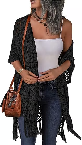 ☀️ Summer Crochet Cardigan - Oversized Open Front Kimono Sweater with Tassel ✨