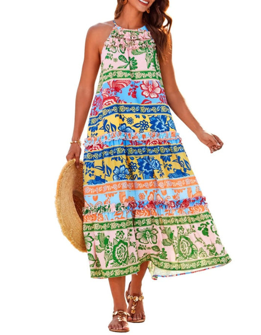 🌸Women's Boho Casual Summer Floral Halter Tiered Beach Dress👗