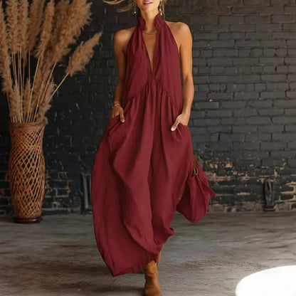 2026 Minimalist Halter Neck Maxi Dress | Casual Loose Fit Summer Dress with Pockets for Women