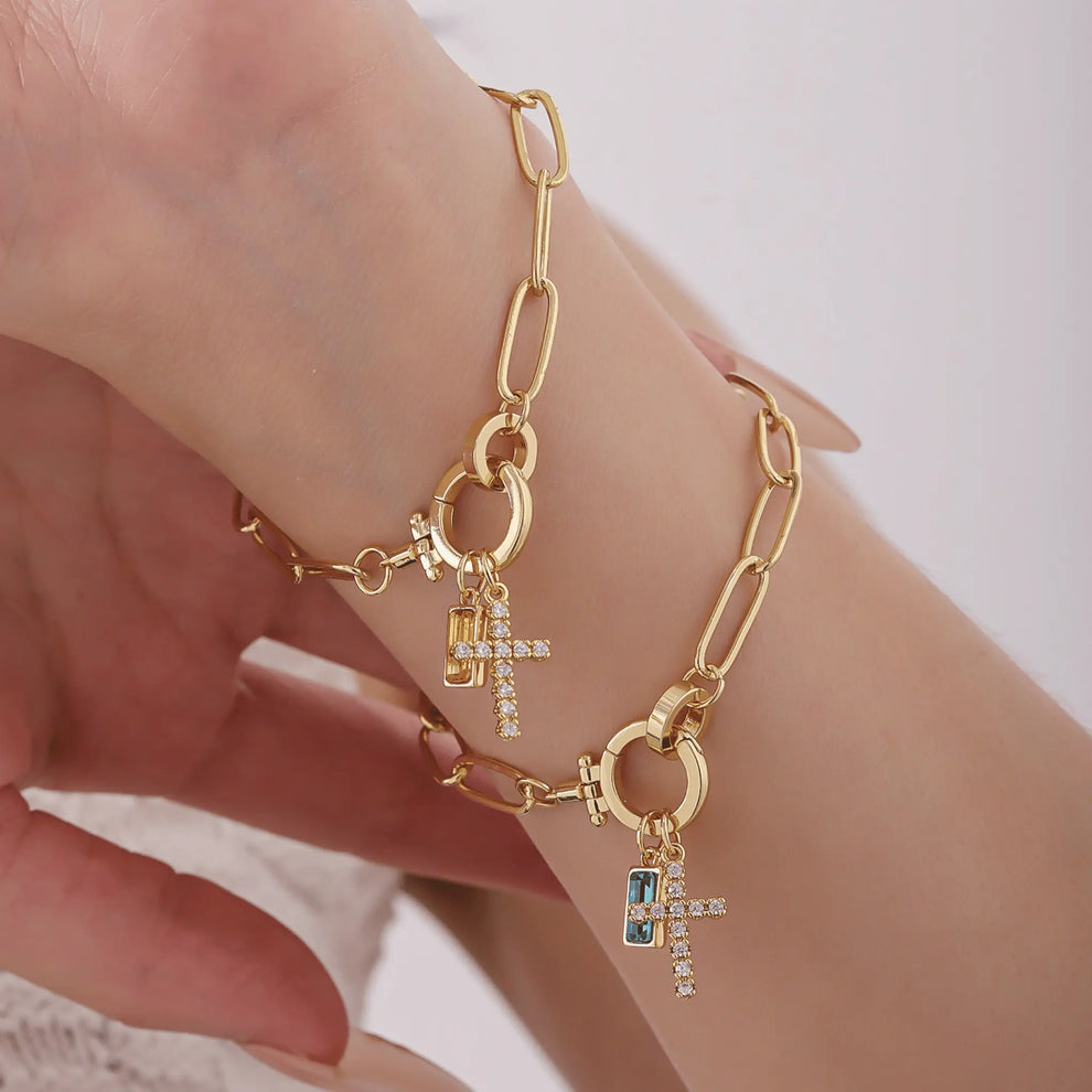 Paperclip Cross & Birthstone Bracelet