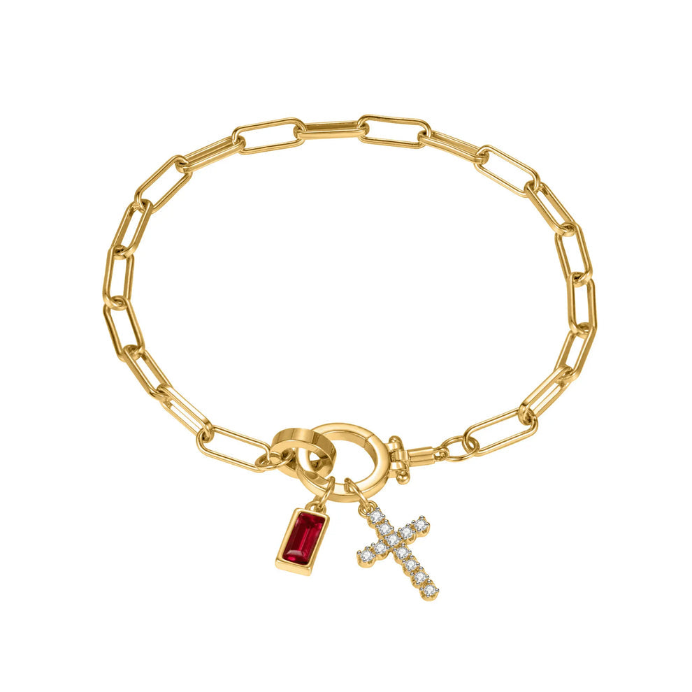 Paperclip Cross & Birthstone Bracelet