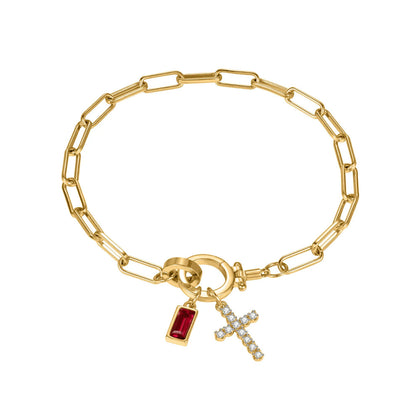 Paperclip Cross & Birthstone Bracelet