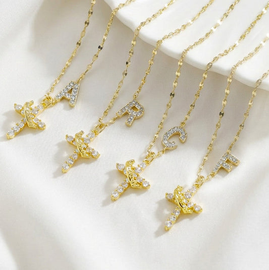 Initial Crown Cross Faith Necklace