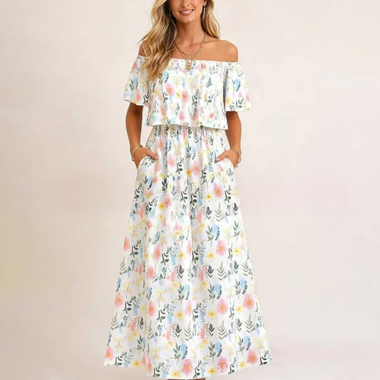 🔥Women's Off The Shoulder Dress Wedding Guest Dress Summer Casual Long Ruffle Party Side Split Beach Maxi Dresses