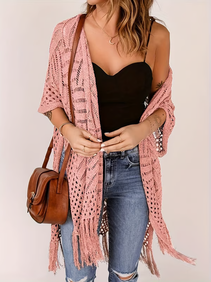 ☀️ Summer Crochet Cardigan - Oversized Open Front Kimono Sweater with Tassel ✨