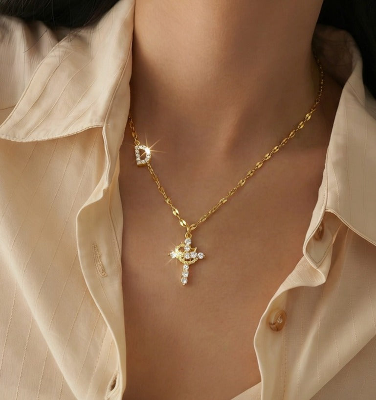Initial Crown Cross Faith Necklace