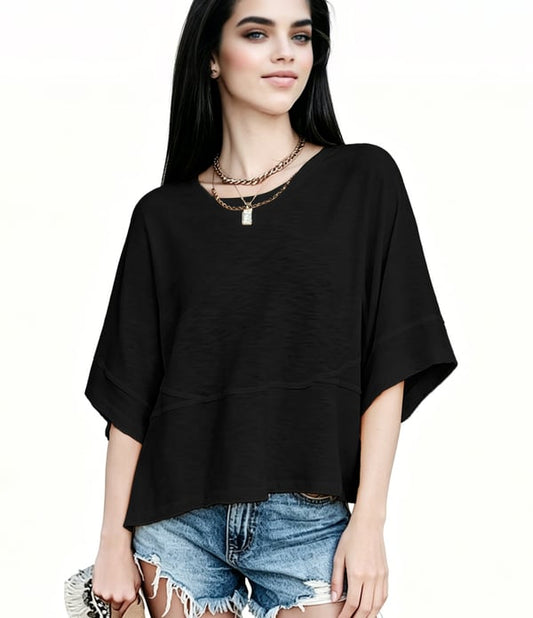 Women's Summer Casual Crewneck Batwing Half Sleeve T-Shirts Solid Color Loose Fit Cute Basic Flowy Tops Tees Blouses