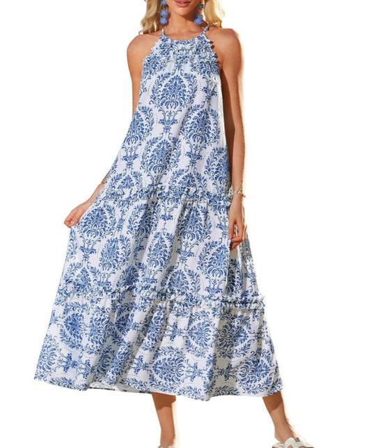 🌸Women's Boho Casual Summer Floral Halter Tiered Beach Dress👗