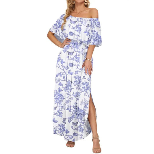 🔥Women's Off The Shoulder Dress Wedding Guest Dress Summer Casual Long Ruffle Party Side Split Beach Maxi Dresses