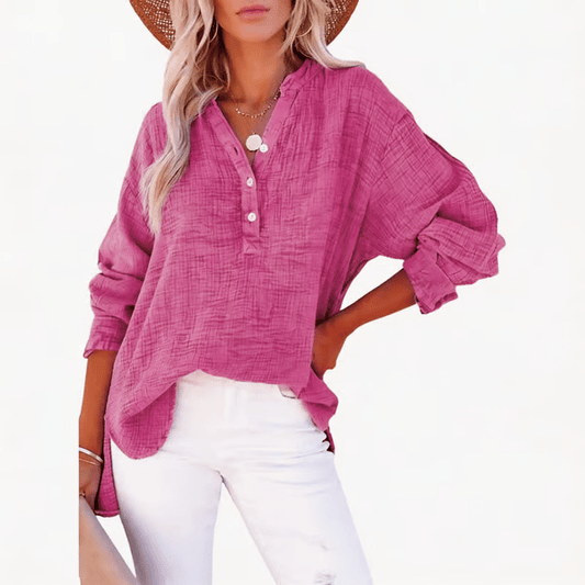 🔥Womens Casual Gauze Button Neck Long Sleeve Oversized BlousesTops